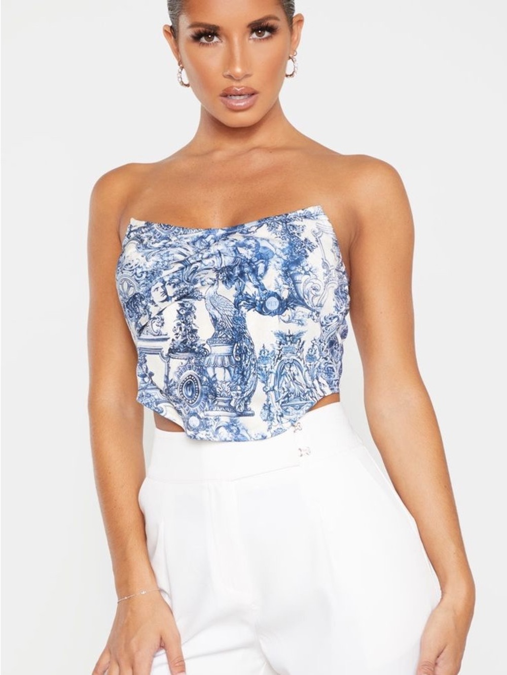 PrettyLittleThing Blue Toile Strapless Crop Top